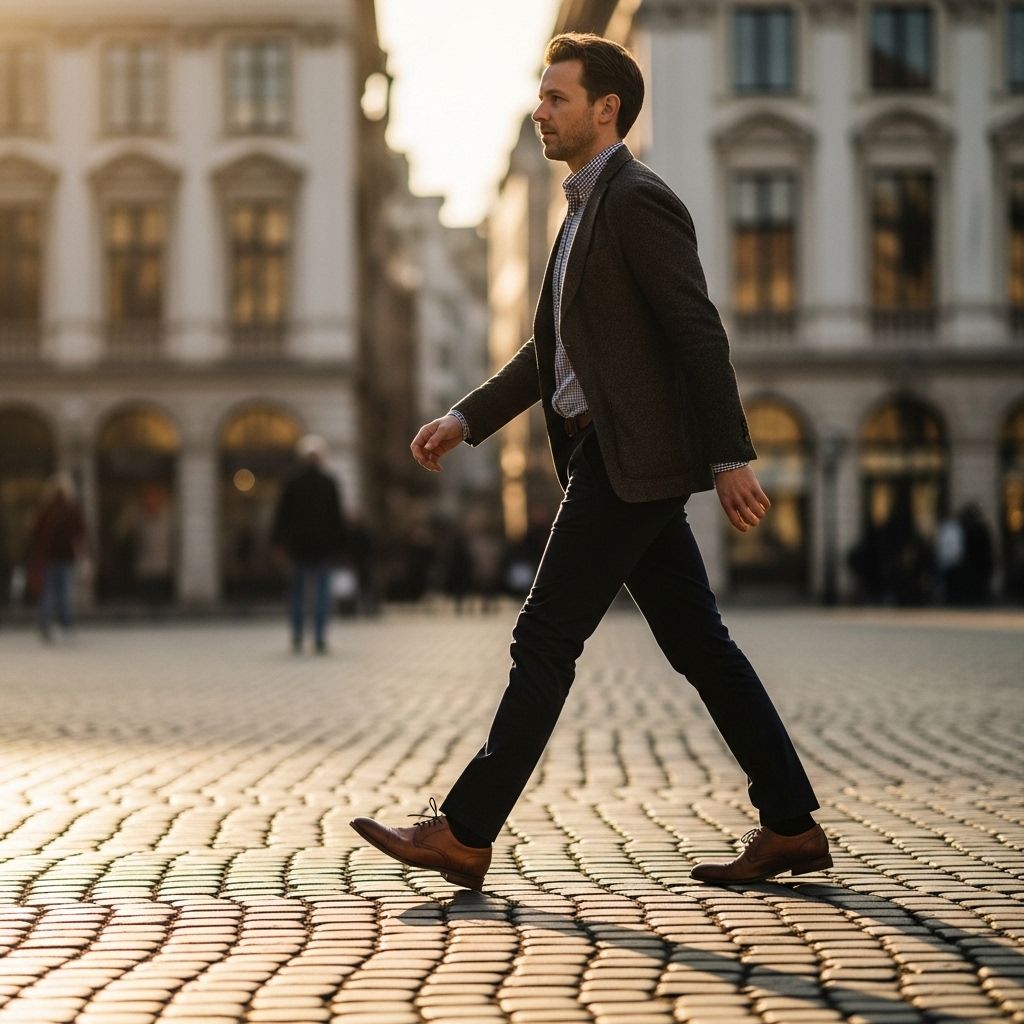 Personne marchant d'un pas énergique sur un sentier forestier en automne, entourée d'arbres aux couleurs chaudes, atmosphère calme et revigorante