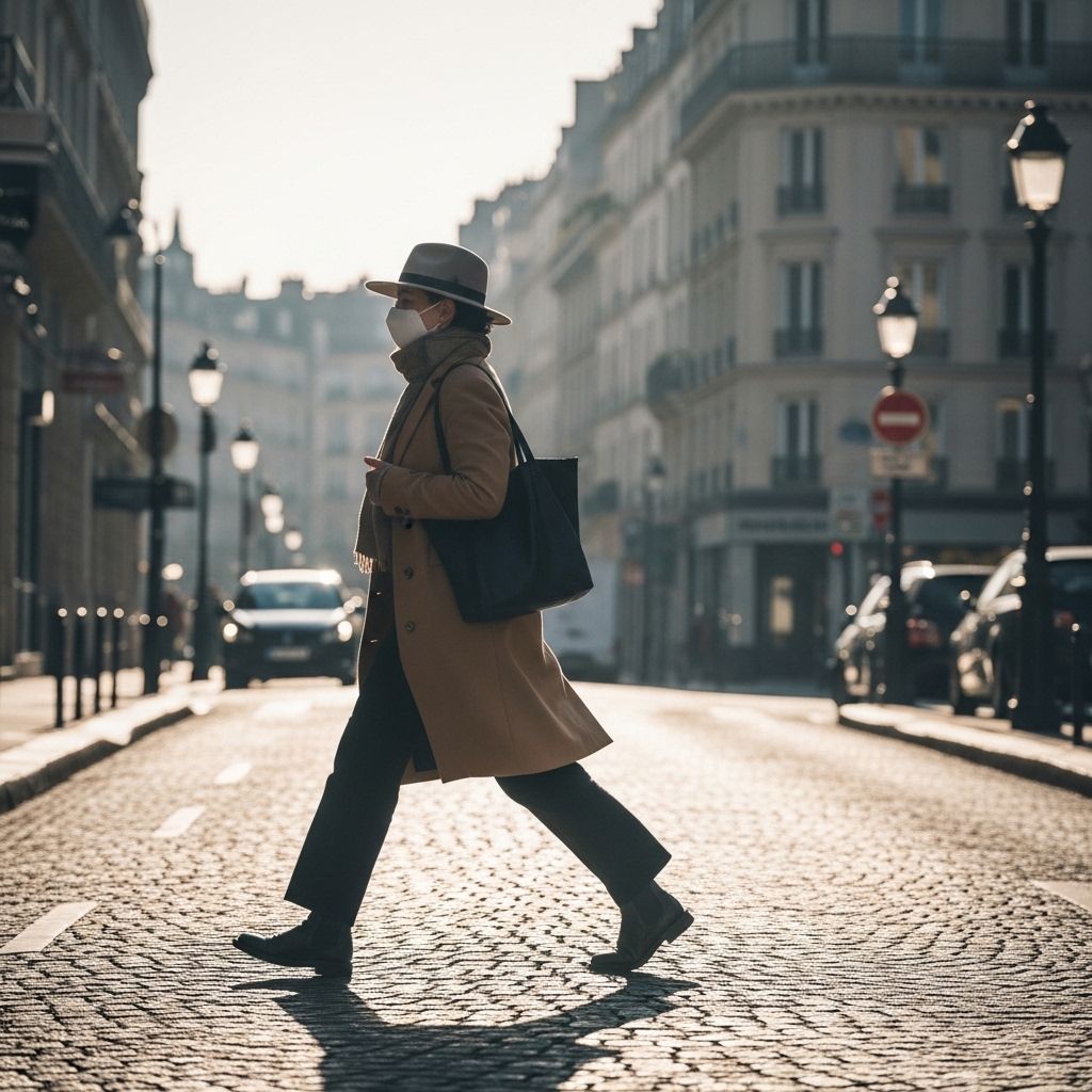 Personne marchant à pas vifs dans une rue pavée parisienne ensoleillée, vêtements de ville décontractés, atmosphère urbaine calme et lumineuse du matin