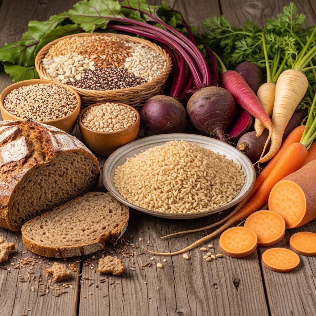 Assortiment de céréales complètes, pain de seigle, riz brun et légumes racines colorés sur une table rustique en bois, représentant les glucides complexes
