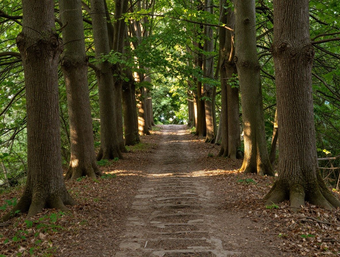 Chemin de pierre sinueux dans une forêt dense aux arbres anciens, lumière filtrée à travers les branches créant des rayons de soleil dorés, symbole de parcours progressif et de patience