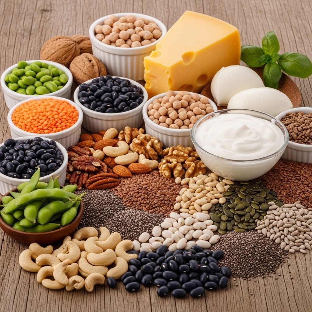 Sélection de légumineuses, noix, graines et produits laitiers naturels disposés sur une surface en bois, représentant les sources de protéines végétales et animales